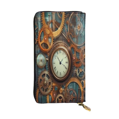 Leather Wallet for Women & girls, Fashion Long billfold Wallets, Durable Ladies purse for Daily, Clocks and Gears ID card package, Slim Thin RFID Blocking Credit Card Wallets with Zipper Coin Pocket