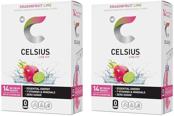CELSIUS Dragonfruit Lime On-the-Go Powder Stick Packs, Zero Sugar 14 Count(Pack of 2), Peach