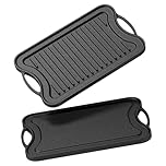 Dayacoco Cast Iron Griddle Pan with Pre-Seasoned Reversible Non-Stick BBQ Grill Pan with Handles, 42x25cm Ridged & Flat Skillet Pan for Gas Stovetop Open Fire Oven