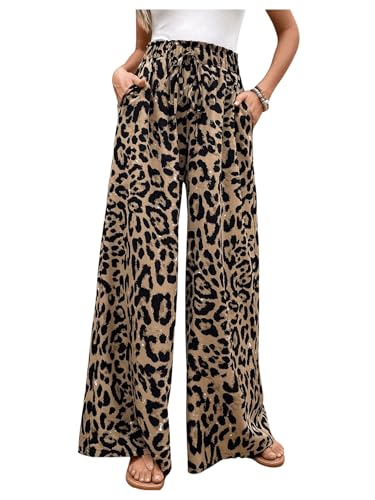 Floerns Women's Leopard Print Paperbag High Waist Baggy Wide Leg Summer Pants