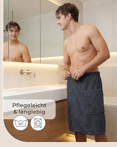 LAYNENBURG Premium Saunakilt Herren mit Knopfverschluss - 100 % Baumwolle – Öko-Tex 100 - Männer Saunatuch - Frottee Sauna-Handtuch, Kilt Gummizug für Wellness, Spa & Sauna (M-XL anthrazit)