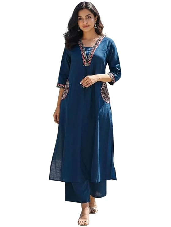 fabyuti Women's Pure Cotton V Neck Embroidery Work Kurta with Pants Set-picture-29