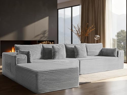 Image of 138 inch Oversized Cloud Sectional Couch, Comfort L Shaped Boneless Couch for Living Room, Extra Deep Seats No Assembly, Minimalist Modular Sofa, Corduroy (Light Grey, 3 Seater+Left Facing Chaise)