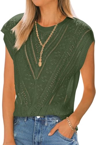 Image of Langwyqu Womens Cap Sleeve Tops Summer Crew Neck Shirt Lightweight Crochet Knit Sweater