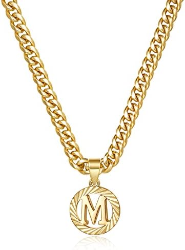 KissYan Gold Initial Necklace,14K Gold Plated Round Letter Pendant Hollow Capital Monogram 5mm Cuban Chain Necklace Alhpabets from A-Z Dainty Jewelry for Women Men Girls…