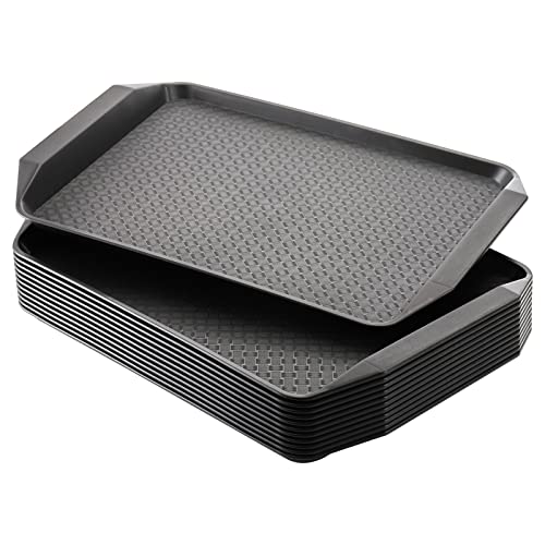 Cedilis 12 Pack Plastic Fast Food Trays for Eating, 17IN x 11.7IN Black Restaurant Serving Trays with Handles, Rectangular Cafeteria Tray for Coffee, Parties, Lunch Table, Kitchen, Non Skid