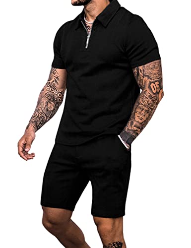 Babioboa Men's Sweatsuit Short Sleeve Polo Suit Summer Zipper Golf Short Sets Comfy Waffle Casual Sets For Men(Black,Xl) #TOP13