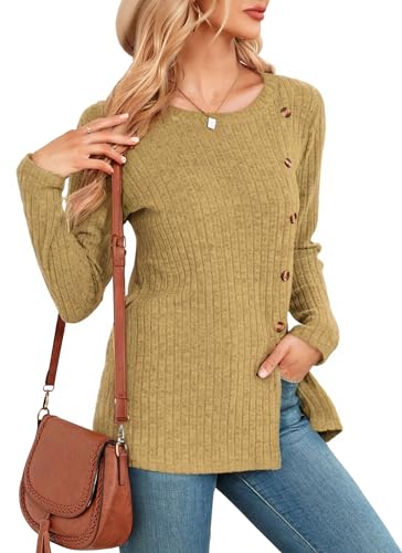 NARRAME Jerséis para Mujer Invierno Amarillo Manga Larga Top Botones para Mujer Blusa con Abertura Lateral Sudadera Túnica Ajustada XL
