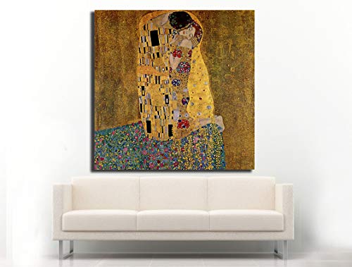 Cuadro Lienzo el Beso de Gustav Klimt - 50x50cm - Lienzo de Tela Bastidor de Madera de 3cm de Grosor - Fabricado en España - Impresión en Alta resolución y Calidad