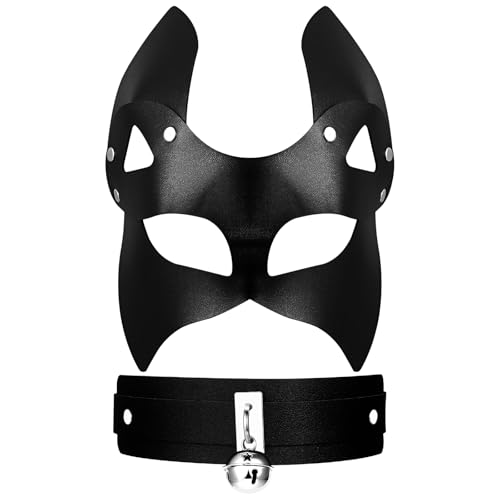 Masque de renard sexy Aroncent en cuir PVC noir confortable avec collier à clochette intégré