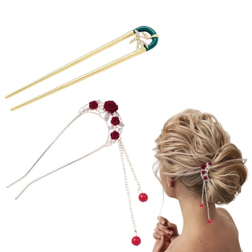 UEIOAVL Mollette per capelli, 2 pezzi fermagli per capelli in metallo francese, semplici fermagli per capelli a forma di U con nappe, forcine per capelli (rosso, verde)