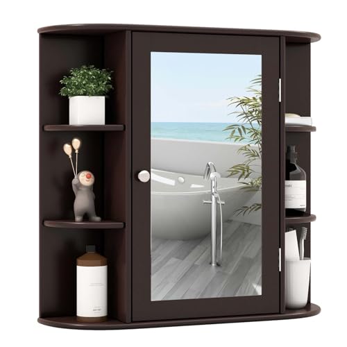 RELAX4LIFE Bathroom Wall Cabinet with Mirror - Medicine Cabinet w/Door, 6 Open Shelves & Adjustable Shelves, Over The Toilet Storage Cabinet Organizer, Mirrored Bathroom Cabinet Wall Mount (Coffee)