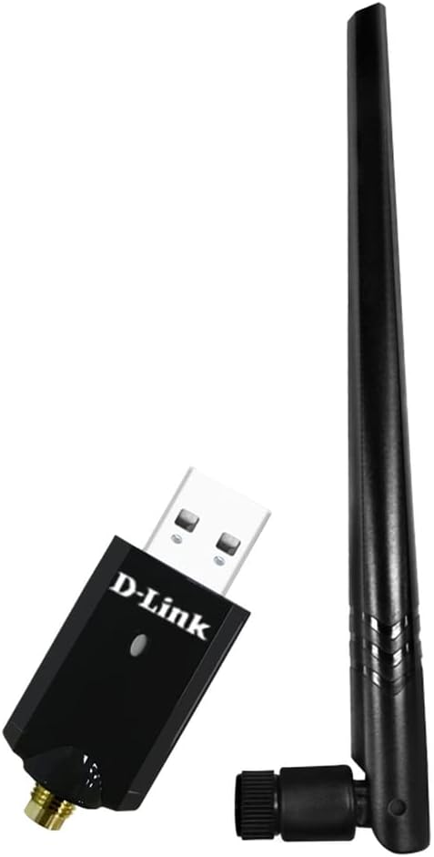 D-Link DWA-185 AC1300 MU-MIMO Dual-Band USB 3.0 Wi-Fi Adapter with antenna detached, showing the antenna connector.
