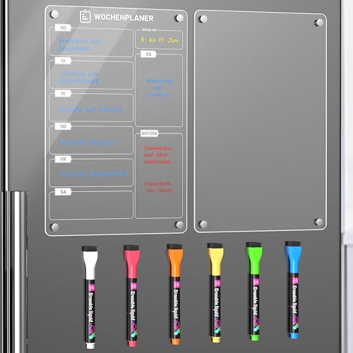 Langaelex 2er Set Wochenplaner Abwischbar A4 (30 x 20cm) - Magnettafel Kühlschrank Acryl mit 6 Kreidemarkern für To-do Listen, Menüplanung und Einkaufsliste - Deutsch