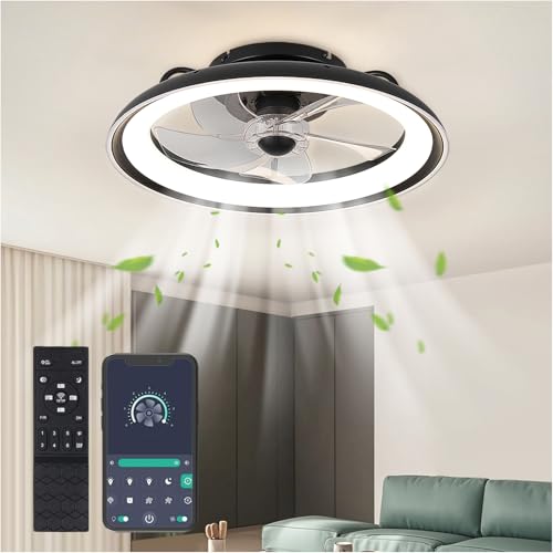 UVWHYZ Schwarzer Deckenventilator mit Beleuchtung (48cm) | Leise, 6 Geschwindigkeiten + Timer | LED Deckenlampe mit Fernbedienung & APP | Dimmbar 3000K-6500K | Für Schlafzimmer/Wohnzimmer