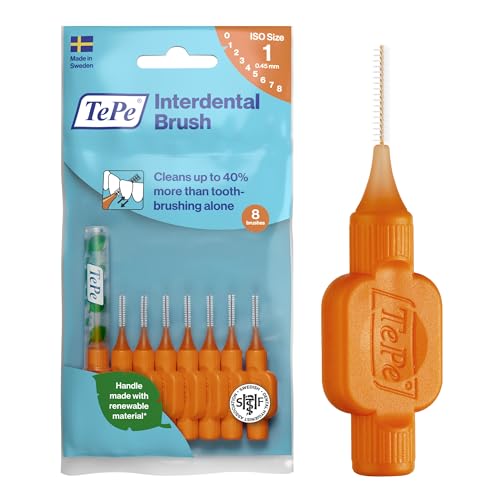 TePe Interdental Brush, Original, Orange, 0.45mm/ISO 1, 8pcs, Teeth Cleaning Plaque Removal, efficient Clean Between Teeth, for Narrow Gaps