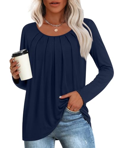 Anymeet Plus Size Long Sleeve Shirts for Women Spring Fashion 2025 Tunic Tops Crew Neck Ladies Winter Blouses Navy Blue 2X-Large