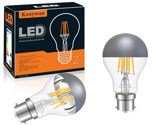 KOOYWAN B22 Bayonet Gray Silver Crown Light Bulb-Dimmable 6W A60 A Shape Decorative Classic LED Edison Bulb Gold Mirror Tipped Reflected Light 2700K Warm White-Pack of 2