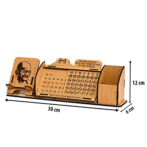 Image of GKD Desk Calendar Lifetime Infinite Perpetual Wooden Table Calendar Best For Office Stationery Items With Mobile Stand And Desk Organizer Big Size (Bamboo) (Mahatma Gandhi)