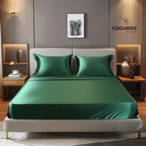 Image of COOLBEDS Satin Double Bedsheet - Elastic Fitted - 2 Pillow Covers - 400 Thread Count - 203 x 152 cms (Green)