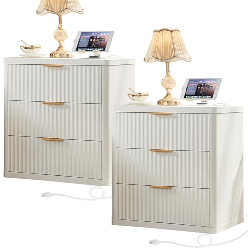 Image of LEYAOYAO 23 inch Wide Fluted Farmhouse Night Stand Set of 2 with Charging Station, 3 Drawers Large End Table w /Metal Handle,White Nightstand Bedside Table,Wood Dresser for Bedroom, Closet