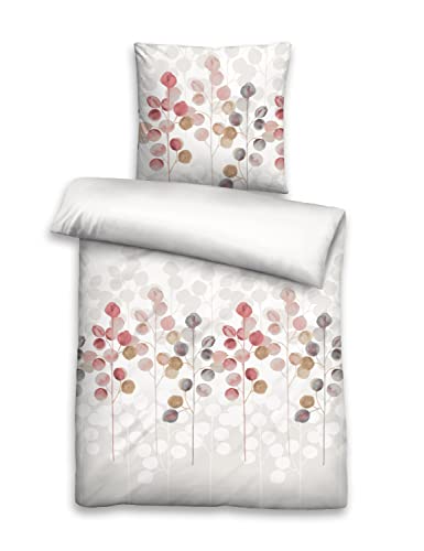 biberna 0026722 Seersucker Bettwäsche STILISIERTE Pflanze Taupe 1x 135x200 cm + 1x 80x80 cm