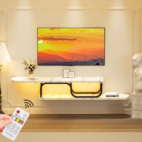 55”Floating Entertainment Center with LED Lights for 60/65/70 Inch TV, Floating TV Shelf with 5 Timers & 3 Colors & 6 Brightness Levels, Marble Wall-Mounted TV Stand for Living Room,Bedroom, White
