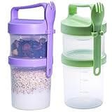 Caylielam 2 Pack Stackable Overnight Oat Container, 19 Oz and 12 Oz Double Yogurt Cereal Snack Oatmeal on the Go Cups with Leak-proof Lid, Reusable Plastic and Portable Breakfast Lunch Meal Prep Boxes