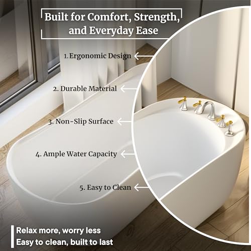 Image of MOON Freestanding Bathtub 150 cm - White Glossy Acrylic Soaking Tub with Hand Shower & Water Mixer, Overflow Drain, Brass Pop-Up Waste Coupling & Pipe, 6-Layer Reinforced