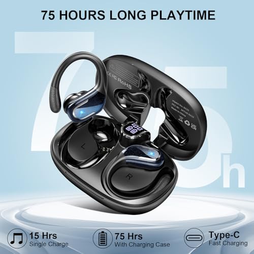 Miniatura 2 de Auriculare Inalámbricos Deportivos, 75H Auriculares Bluetooth 5.4 Cancelacion Ruido ENC Mic, HiFi Estéreo, Cascos Inalambricos Bluetooth IPX8 Impermeable, Cascos Inalámbricos con Pantalla LED, Negro