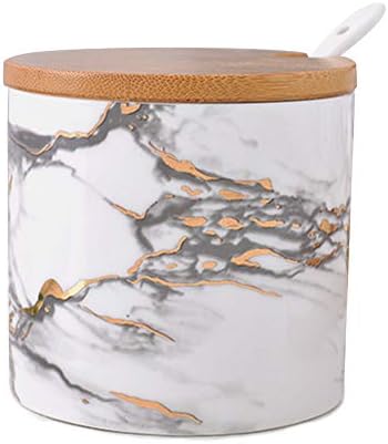 Ceramics Marble Pattern Sugar Bowl Spice Jar with Lid and Spoon Seasoning Box Condiment Pots 8.6 Ounces Gray