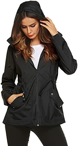 ZHENWEI Raincoat,Women's Water Proof Stylish Rain Jacket Drawstring for Spring(Black,XL)