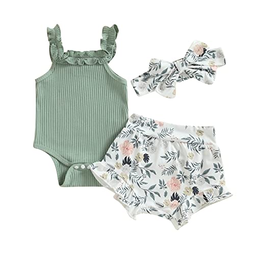 CIYCUIT Newborn Baby Girl Summer Clothes Ruffle Sleeveless Ribbed Top Bloomers Shorts Set