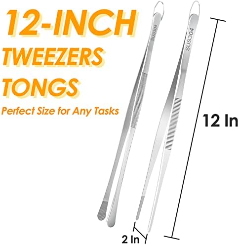 Gutsdoor 2 Pieces Kitchen Tweezer Tongs, 12-Inch Stainless Steel Cooking Tweezers Tongs for Cooking, Plating, BBQ, Pasta