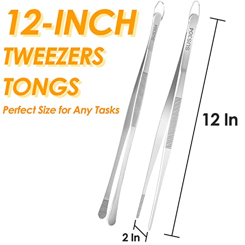Gutsdoor 2Pcs Kitchen Tweezers Stainless Food Tongs Chef Tweezers 12 Inch Tweezers Tongs For Cooking, Plating, Pasta #TOP1