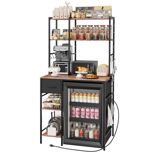Image of Ollieroo Kitchen Mini Fridge Stand with Storage, Microwave Oven Stand Table with Power Outlet, 34.6"x23.6"x67.7" Freestanding Coffee Bar Cabinet, Bakers Rack with Adjustable Shelves and Hooks