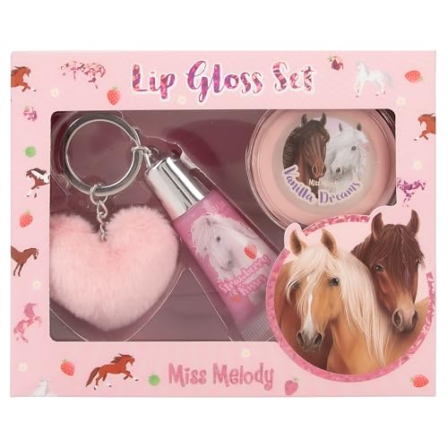 Set da trucco per ragazze Depesche 12941 Miss Melody - Set di lucidalabbra con disegno di cavallo per bambini, 2 lucidalabbra con fragranze fruttate, incluso ciondolo in peluche