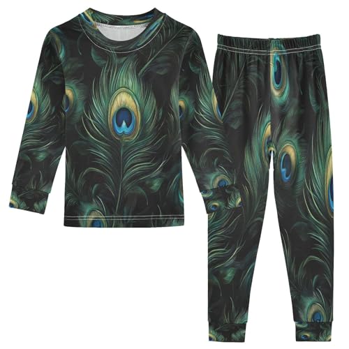 Pajama Sets Long Sleeve Green Peacock Feathers Soft Comfy Sleepwear 2 Piece PJS 3-8T