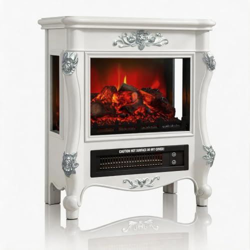 Image of FESTIVITY 18 inch Electric Stove Fireplace, 1500W Thermostat with 5100 BTU Heat Output, Adjustable Flame & Brightness Levels, Portable Electric Fireplace for Bedroom & Living Room-White & Silver