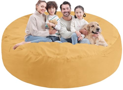 7FT Bean Bag Chair, Large Bean Bag Chairs with Memory Foam Filled, Fluffy Beanbag Sofa with Dutch Velvet Cover, Round BeanBag Chairs for Living Room, Playroom - Mustard
