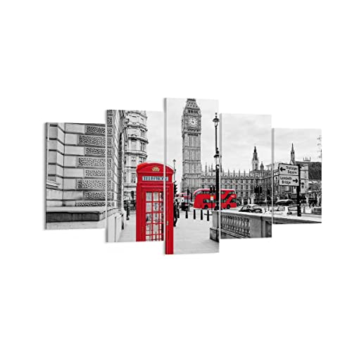 Deco Décoration Salon Cabanon Téléphone Londres Moderne Impression sur Toile 160x85cm Image Tableau Decoration Murale Chambre Triptyque 5 parties Art Wall...