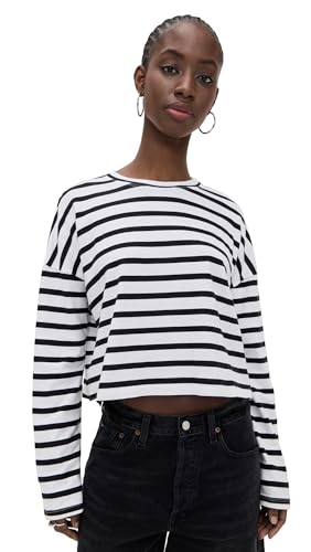 ASKK NY Women's Cropped Long Sleeve Tee Stripe, White Thin