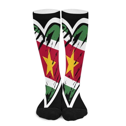 Melbrakin Suriname Drapeau du Suriname Cœur Chaussettes de compression pour femmes et hommes, mi-hautes, idéales pour la course à pied et les voyages.
