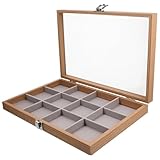 Caja organizadora de joyas con 12 compartimentos, estuche de almacenamiento con tapa de vidrio con diseño de grano de madera de pera for exhibición de collares, anillos y pendientes