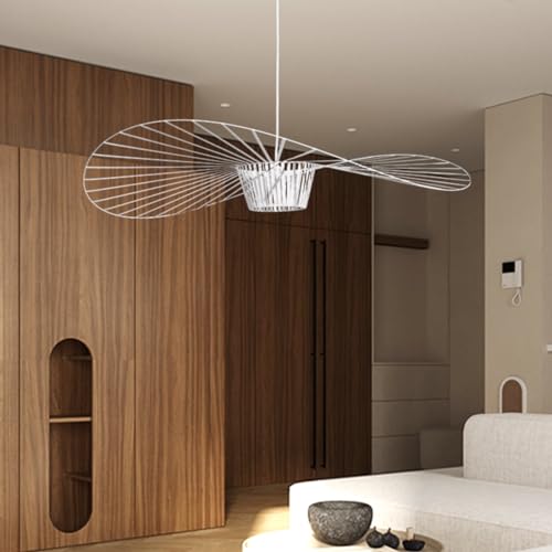 CKENSU - Lámpara de araña LED E27 Max 40 W, diseño de sombrero de tela de fibra simple y creativa + arte de hierro, para salón, café (blanco, 200 cm)