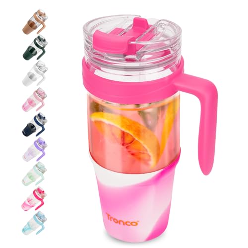 Tronco 40oz Glass Tumbler with Straw and Lid, Leakproof Flip Straw Glass Tumbler with Handle, Glass Water Bottle Fits in Cup Holder, BPA Free, Dishwasher Safe (Mixed Rosy Red)