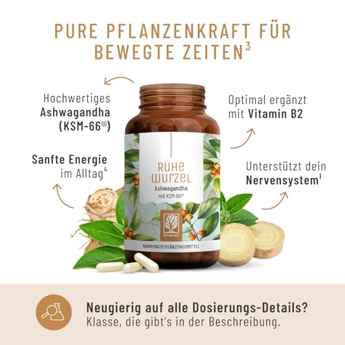 NATURTREU Ruhewurzel - Ashwagandha KSM-66® hochdosiert 120x Kapseln - 600 mg Ashwagandha pro Tag - Komplex aus Ashwagandha-Wurzelextrakt & Ashwagandhawurzelpulver - Vegan