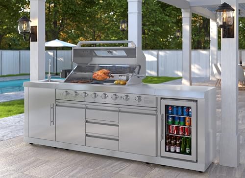 Image of KoolMore Reserve Outdoor Kitchen Island with 6 Burner Grill and a Side Burner, Sink, Storage Cabinet and Beverage Refrigerator, CSA Listed in Stainless-Steel