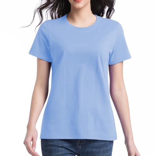 Cotton Short Sleeve T Shirts for Women Basic Tee Tshirts Crew Neck Plain Casual Summer Tops Loose Fit Small Light Blue