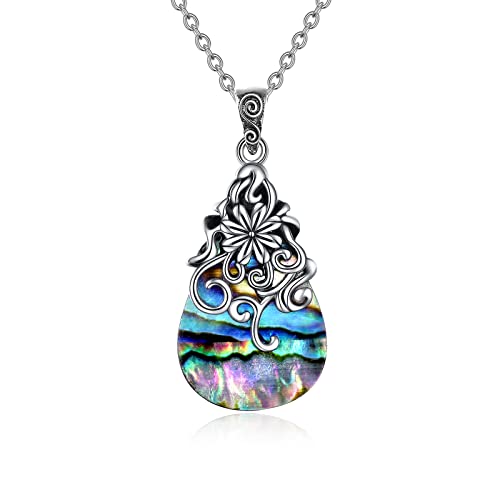 POPLYKE Sterling Silver Moonstone/Abalone Shell/Turquoise Filigree Teardrop Necklace Jewelry for Women